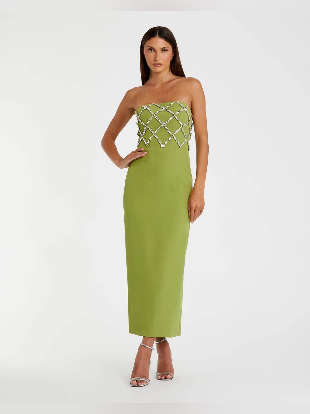 MAC DUGGAL
Green Strapless Crystal Embellished Midi Dress Size 6